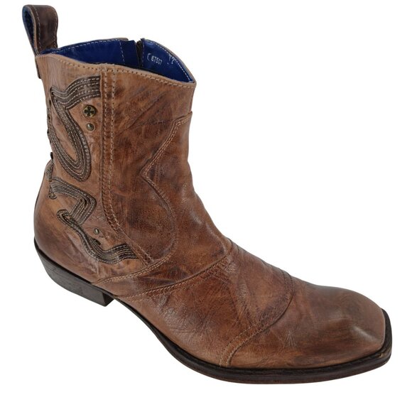 Mark Nason Italy Boots Dragon Mens 12 Distressed Brown Leather Rock Lives Zipper - Picture 1 of 14